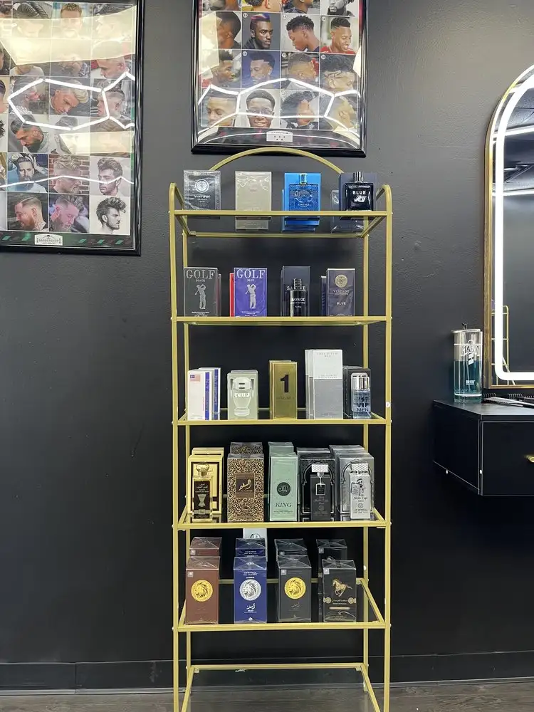 Grooming products on a gold display shelf