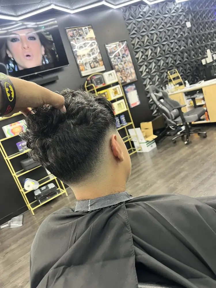A curly top with a taper, seen from behind